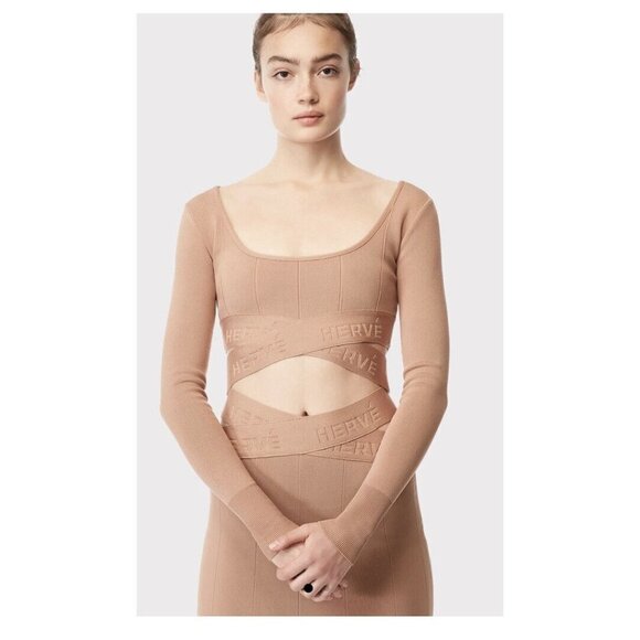 Herve Leger Tops - Herve Leger Long Sleeve Scoop Neck Crop Top Sun Beige NWT Small
